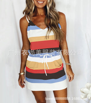 Fashion Stripe Drawstring Dress Summer Dress Loose Sleeveless Dress Women's Comfortable Casual Outfits Wear - My Store
