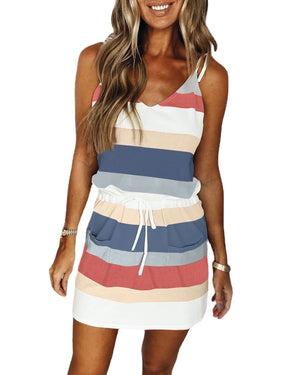 Fashion Stripe Drawstring Dress Summer Dress Loose Sleeveless Dress Women's Comfortable Casual Outfits Wear - My Store