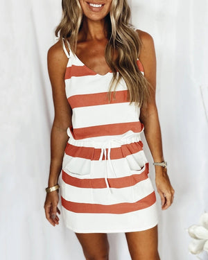 Fashion Stripe Drawstring Dress Summer Dress Loose Sleeveless Dress Women's Comfortable Casual Outfits Wear - My Store