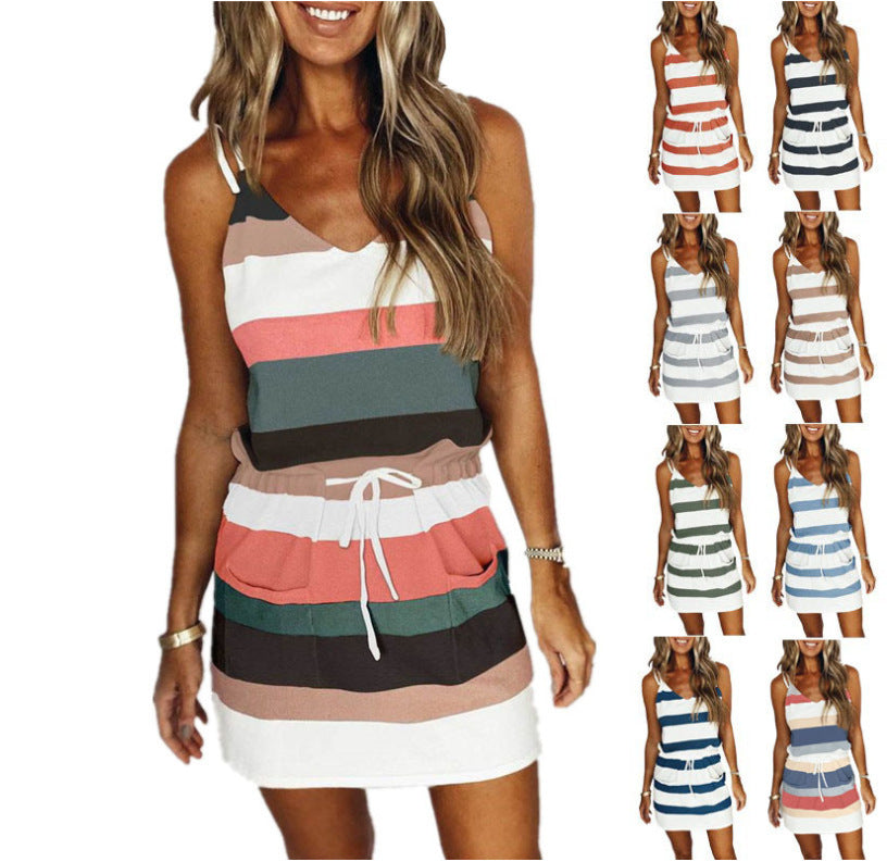Fashion Stripe Drawstring Dress Summer Dress Loose Sleeveless Dress Women's Comfortable Casual Outfits Wear - My Store