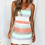 Fashion Stripe Drawstring Dress Summer Dress Loose Sleeveless Dress Women's Comfortable Casual Outfits Wear - My Store