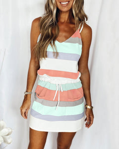 Fashion Stripe Drawstring Dress Summer Dress Loose Sleeveless Dress Women's Comfortable Casual Outfits Wear - My Store
